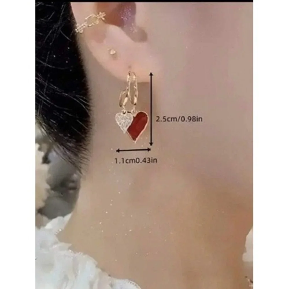 Red Heart Gold Drop Earrings Rhinestone Double Heart Dangle Hoops Valentine Gift